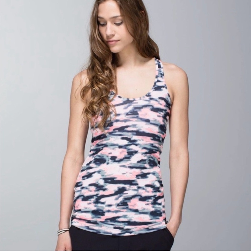 Lululemon Brand Colorful Camo Pink, Black, & Grey Fitness Racerback Tan Top